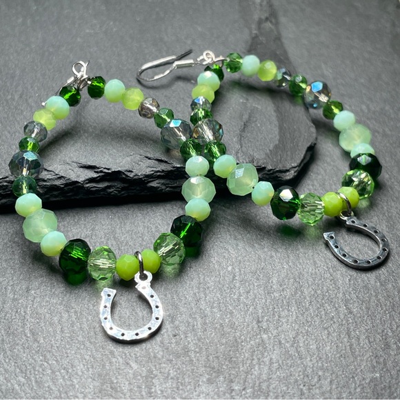 Lucky Horse Shoe Green Czech Crystal Hoop Earrings - Picture 4 of 11